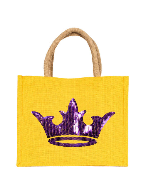 Charlotte Crown Sequin Gift Tote- Yellow/Purple