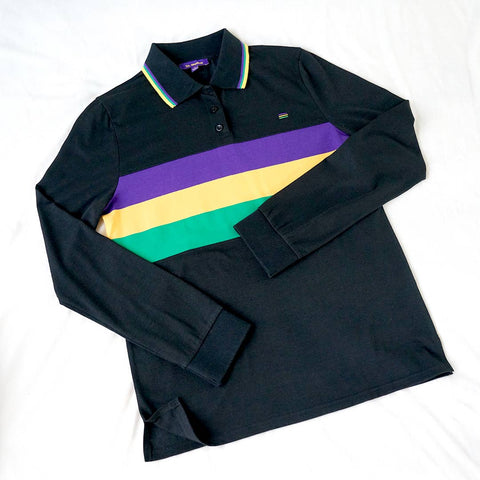 Mardi Gras Long-Sleeve Polo Shirt- Black