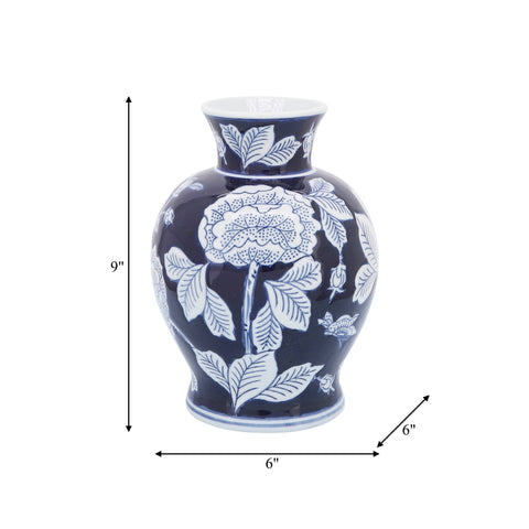 Decorative Vase - Blue Ceramic Floral Chinoiserie, 9 in. - 318 Art & Frame