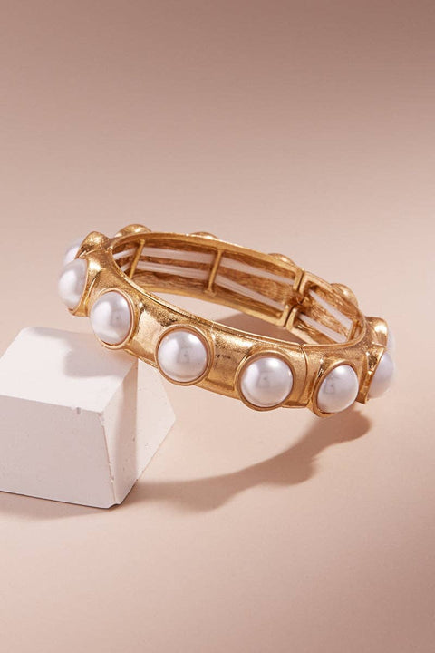 Round Vintage Pearl Bangle Style Stretch Bracelet