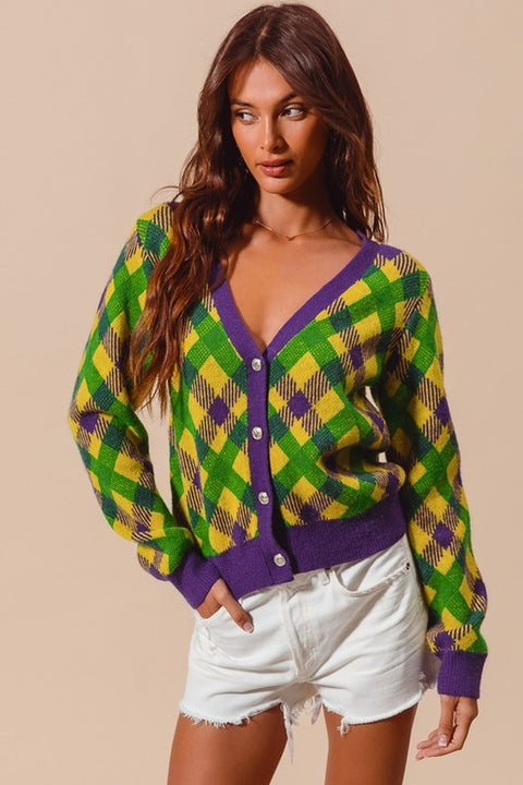 Mardi Gras Checker Button Up Sweater Cardigan