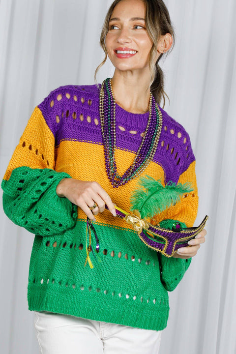 Color Block Mardi Gras Open-Knit Crochet Sweater