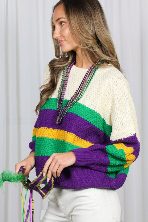 Mardi Gras Multi Color Block Waffle Textured Sweater