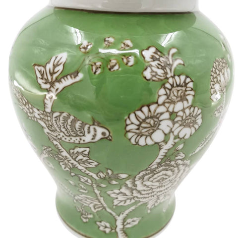 Green 10x6 in. Ceramic Novelty Bird and Flower Temple Jar - 318 Art & Frame