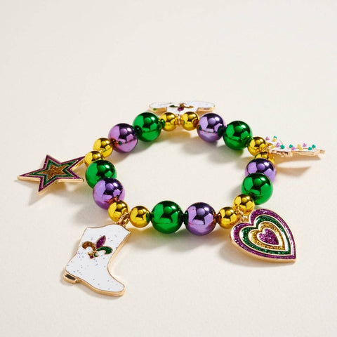 Mixed Mardi Gras Charm Beaded Stretch Bracelet