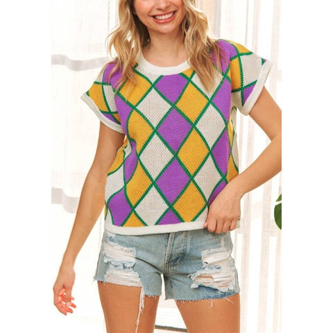 Mardi Gras Short Sleeve Diamond Checker Sweater