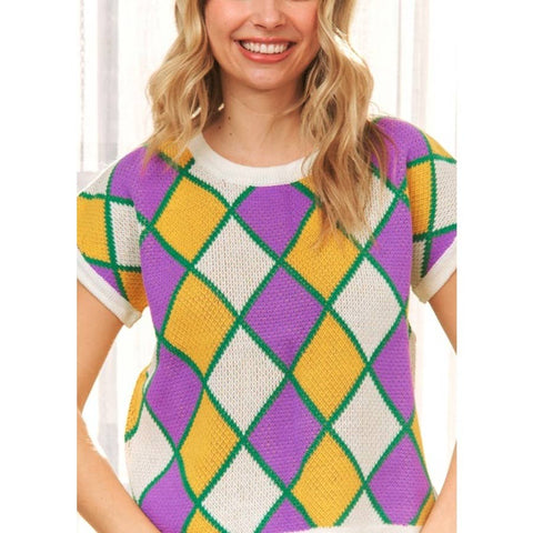 Mardi Gras Short Sleeve Diamond Checker Sweater