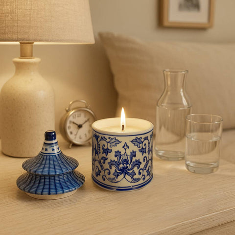 Candle - Blue Ceramic Plumeria Chinoiserie Pagoda, 9 Oz - 318 Art & Frame