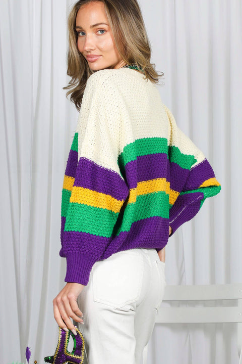 Mardi Gras Multi Color Block Waffle Textured Sweater