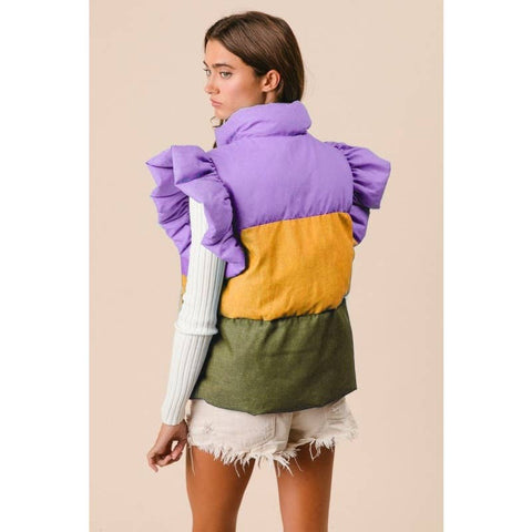 Mardi Gras Colors Block Puffer Ruffled Detail