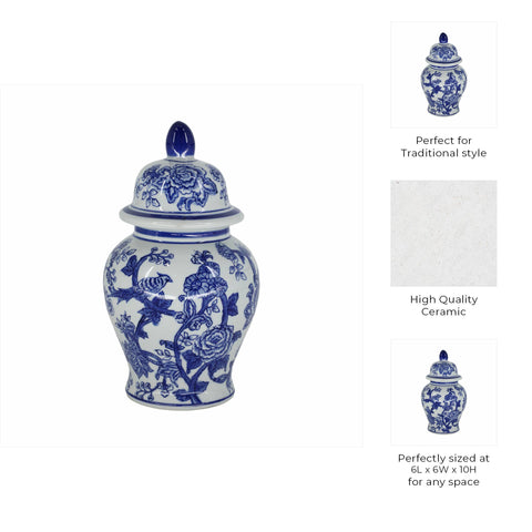 Ceramic Bird Flower Decorative Temple Jar - Blue, 11 in. - 318 Art & Frame