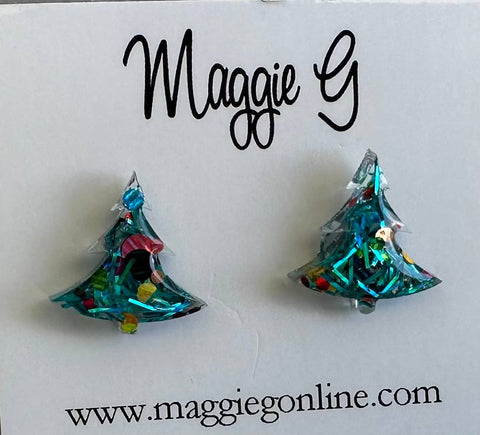 Teal Tinsel Christmas Tree Stud Earrings