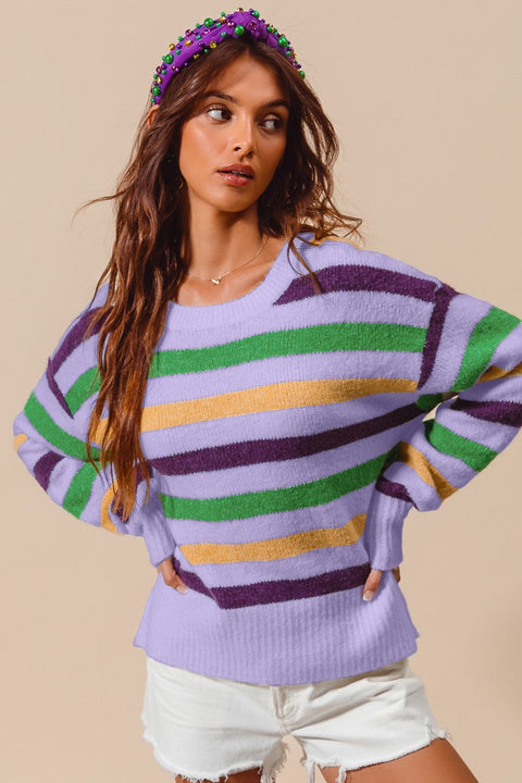 Mardi Gras Color Stripe Round Neck Sweater Top