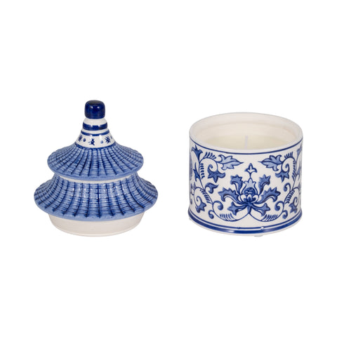 Candle - Blue Ceramic Plumeria Chinoiserie Pagoda, 9 Oz - 318 Art & Frame