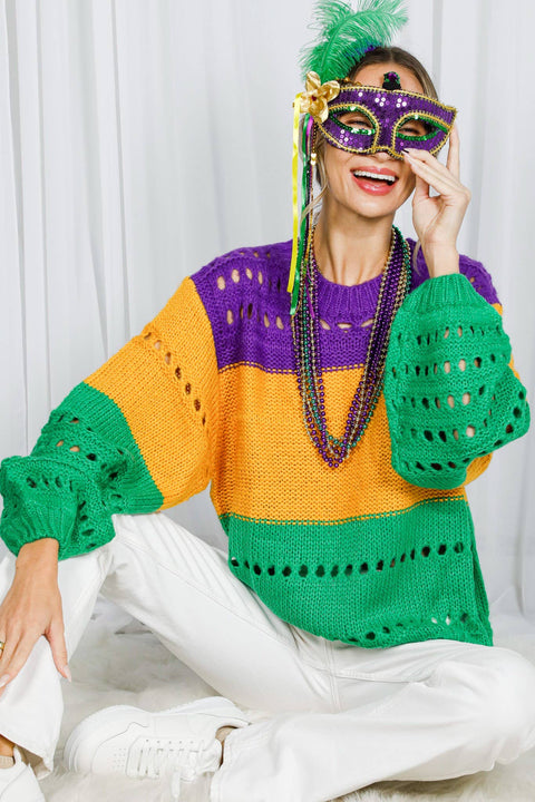 Color Block Mardi Gras Open-Knit Crochet Sweater