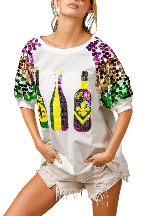 Mardi Gras Bottles Spangled Sleeve Top