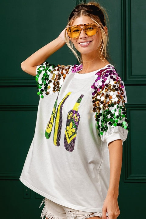 Mardi Gras Bottles Spangled Sleeve Top