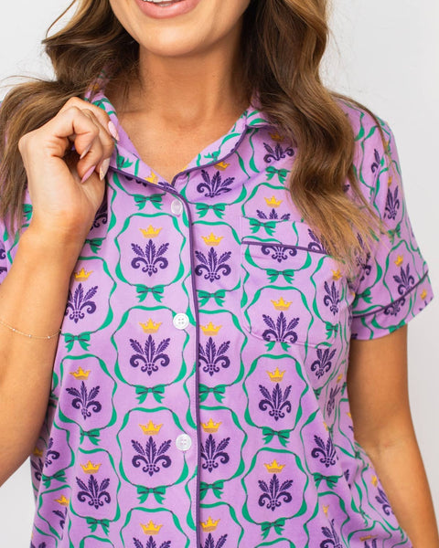 Mardi Bow Short Sleeve Button Up Sleep Shirt