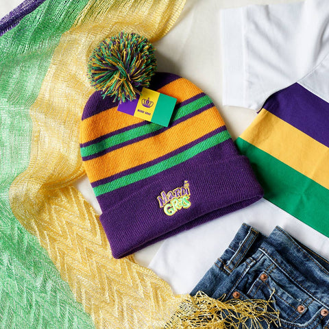 Mardi Gras Embroidered Pom Beanie