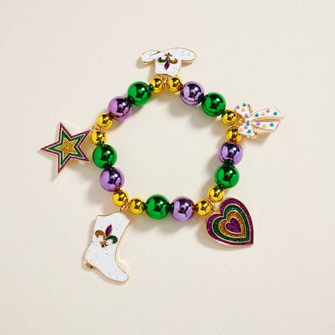 Mixed Mardi Gras Charm Beaded Stretch Bracelet