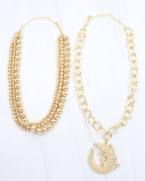Bree Beaded Layered Necklace Alligator Gold