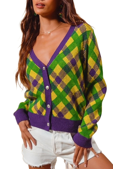 Mardi Gras Checker Button Up Sweater Cardigan