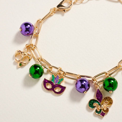 Mixed Mardi Gras Charm Bead Chain Clasp Bracelet