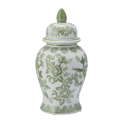 14 in. Green/White Bird and Flower Temple Chinoiserie Jar - 318 Art & Frame