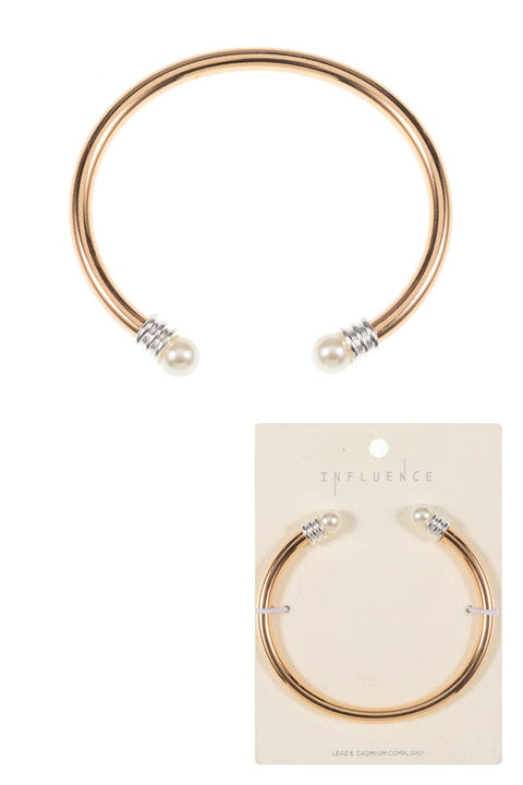 Round Shape Basic Metal W Cap Pearl Cuff Bracelet