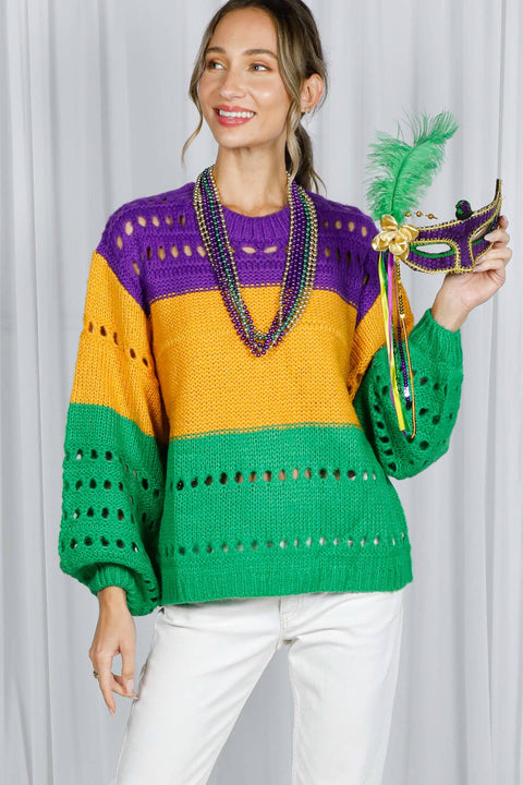 Color Block Mardi Gras Open-Knit Crochet Sweater