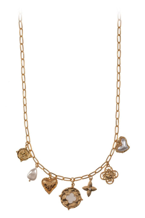 Multi Metal W Pearl Charm Cluster Short Necklace