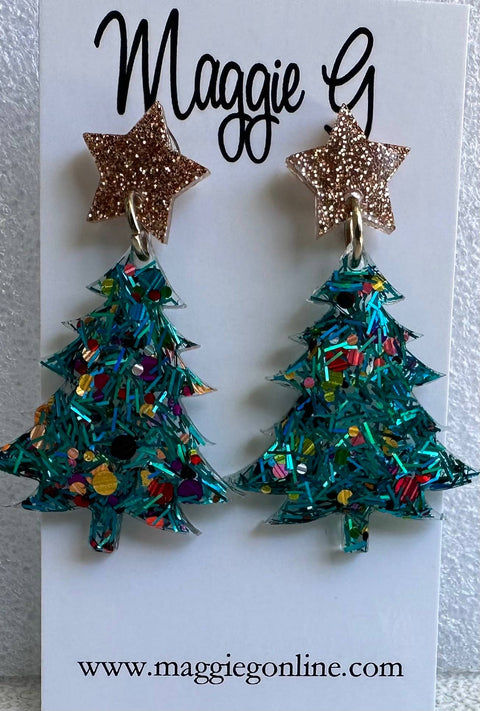 Teal Tinsel Christmas Tree Earrings