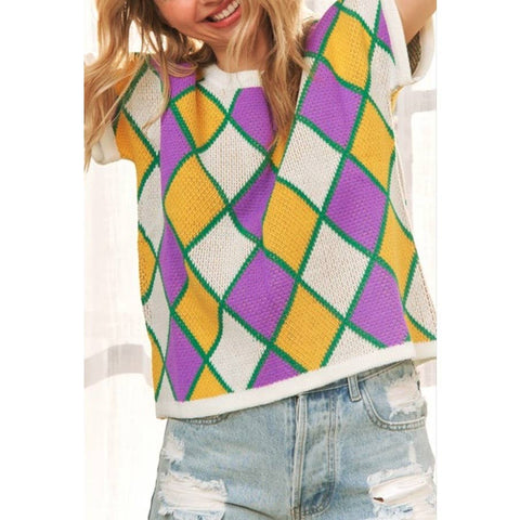 Mardi Gras Short Sleeve Diamond Checker Sweater