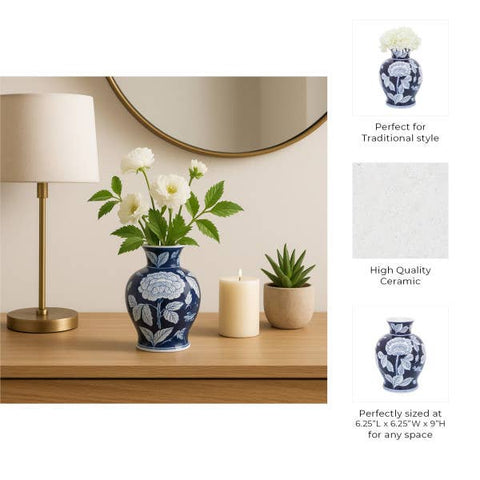 Decorative Vase - Blue Ceramic Floral Chinoiserie, 9 in. - 318 Art & Frame