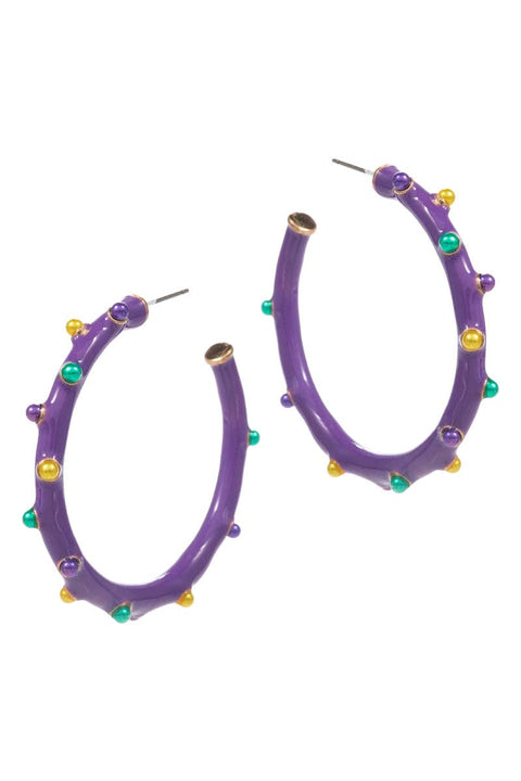 Round Mardi Gras Color Pearls Enamel Hoop Earrings