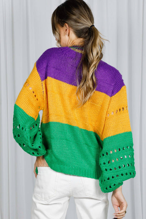Color Block Mardi Gras Open-Knit Crochet Sweater