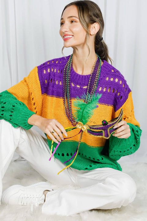 Color Block Mardi Gras Open-Knit Crochet Sweater