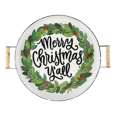 Merry Christmas Y'all Wreath Enamel Tray