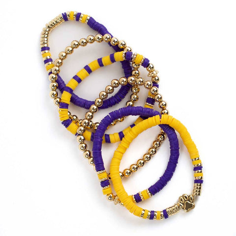 Paw Print Bead Bracelet Stack   Purple/Yellow/Gold   7"