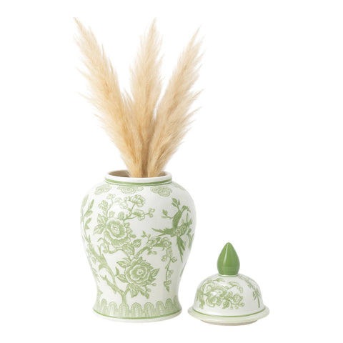 14 in. Green/White Bird and Flower Temple Chinoiserie Jar - 318 Art & Frame