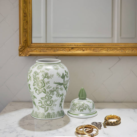14 in. Green/White Bird and Flower Temple Chinoiserie Jar - 318 Art & Frame