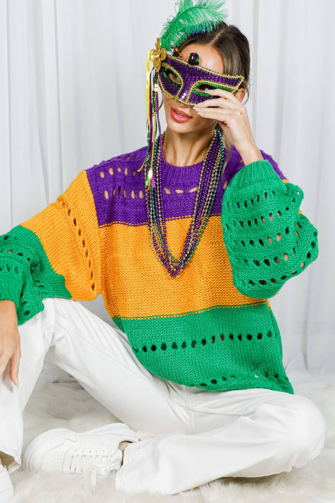 Color Block Mardi Gras Open-Knit Crochet Sweater