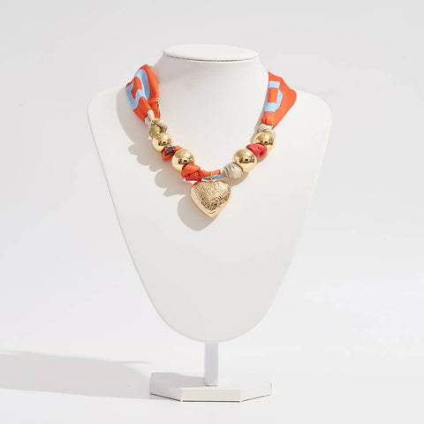 Gold Dipped Puffy Textured Heart Charm Accent Fabric Scarf Necklace / Adjustable Bracelet / Bag Charm - 318 Art & Frame