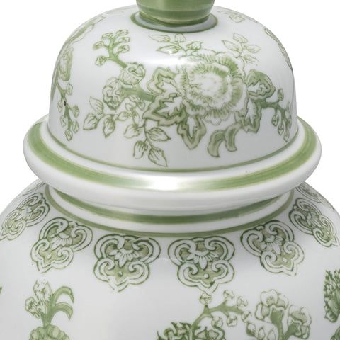 14 in. Green/White Bird and Flower Temple Chinoiserie Jar - 318 Art & Frame