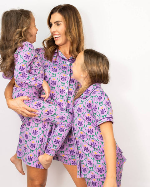 Mardi Bow Short Sleeve Button Up Sleep Shirt