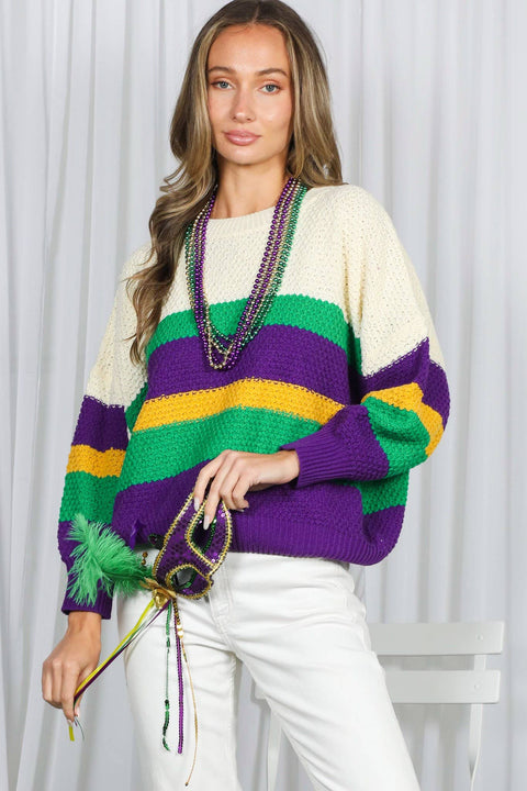 Mardi Gras Multi Color Block Waffle Textured Sweater