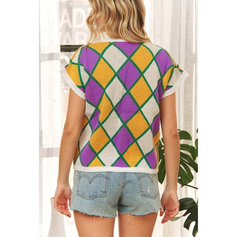 Mardi Gras Short Sleeve Diamond Checker Sweater