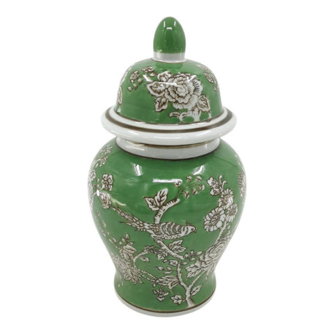 Green 10x6 in. Ceramic Novelty Bird and Flower Temple Jar - 318 Art & Frame