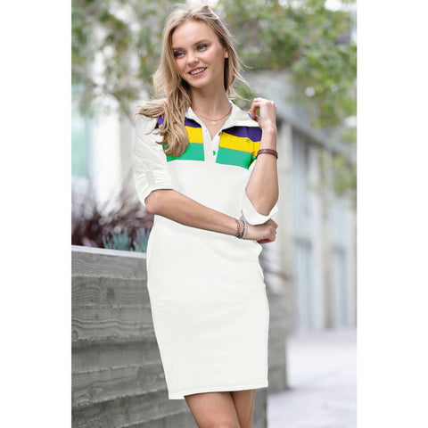 Mardi Gras Fold-Over Sleeve Polo Dress- White