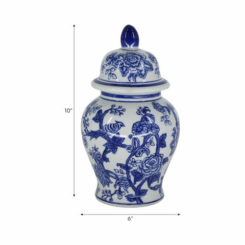 Ceramic Bird Flower Decorative Temple Jar - Blue, 11 in. - 318 Art & Frame